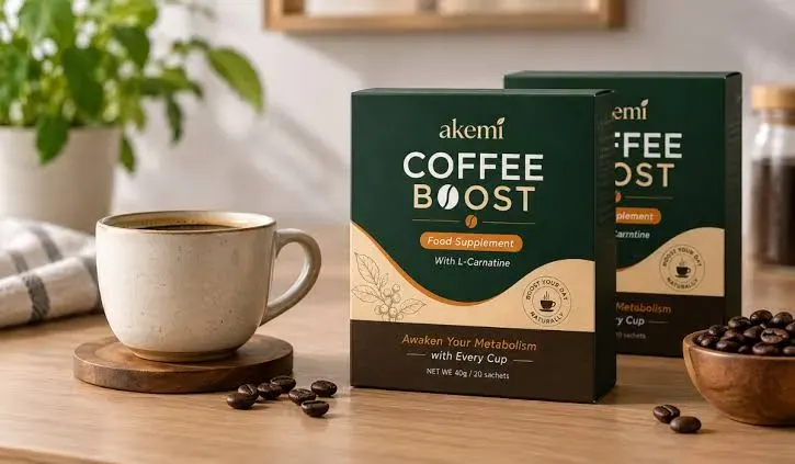 Akemi Boost Coffee product box beside a cup