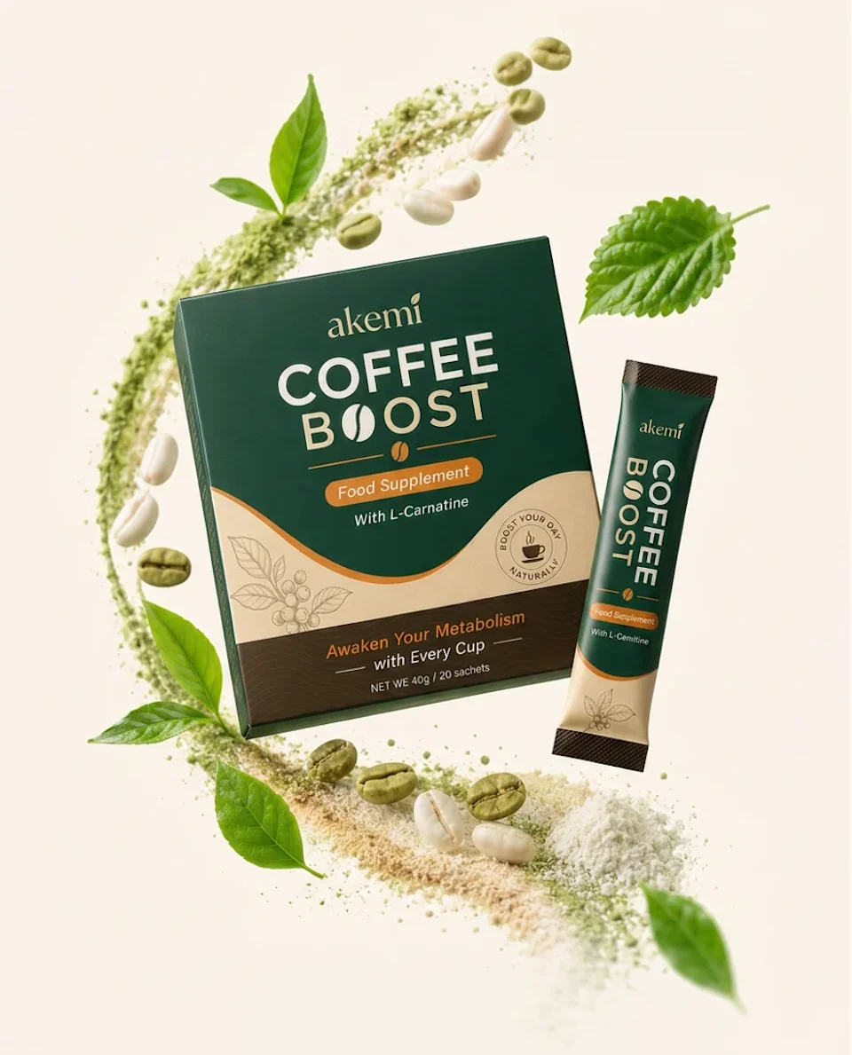 Akemi Coffee Boost product box and sachet with botanical ingredients